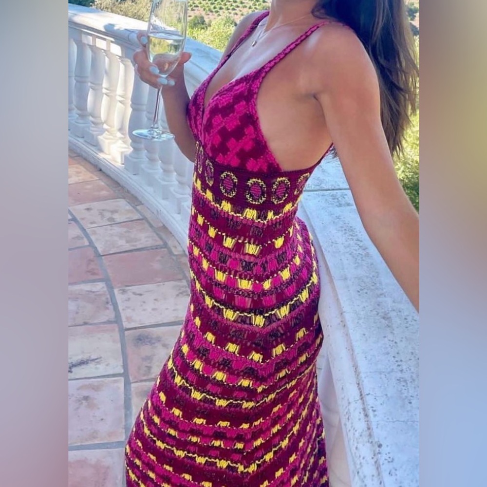 Zara. Elegant Multicolored, patterned crochet dress. Made in Morocco.